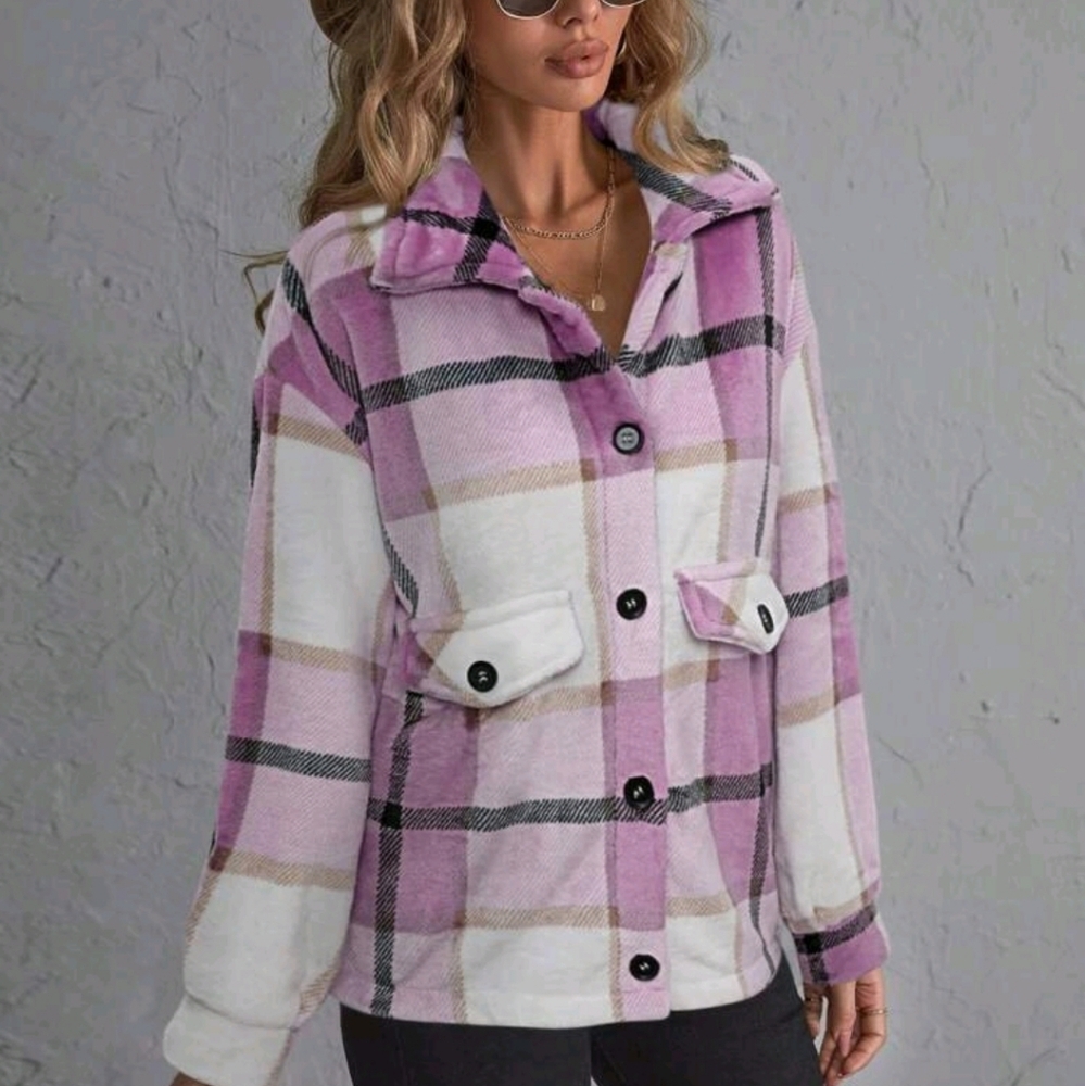 Women's Button Front Long Sleeve Pocket Plaid Casual Jacket, Everyday Wear - Picture 4 of 5